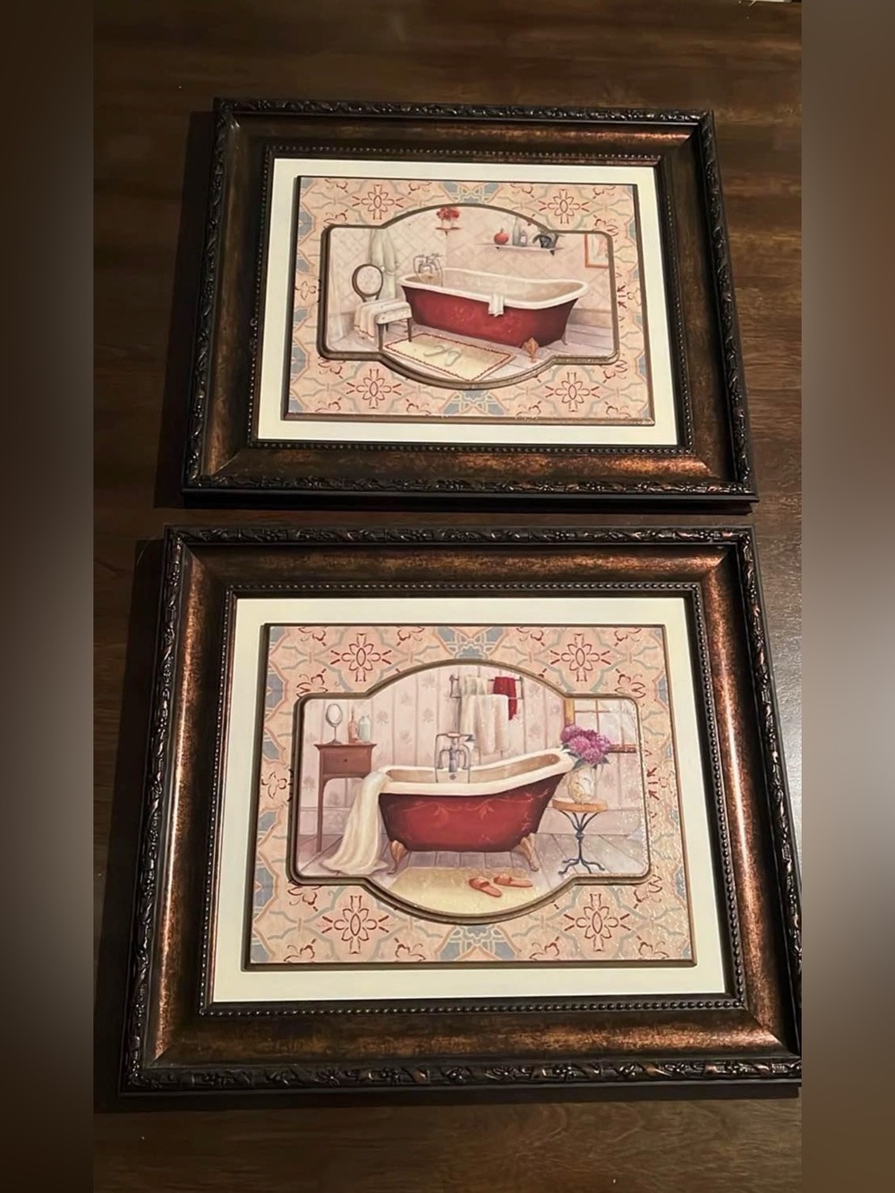 Set of 2 Vintage-Style Red Clawfoot Tub Bath Prints in Ornate Frames from